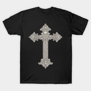 Christian wooden cross with heart and floral ornamental. Easter, symbol of Christianity,. hand drawing vintage engraving style illustration T-Shirt